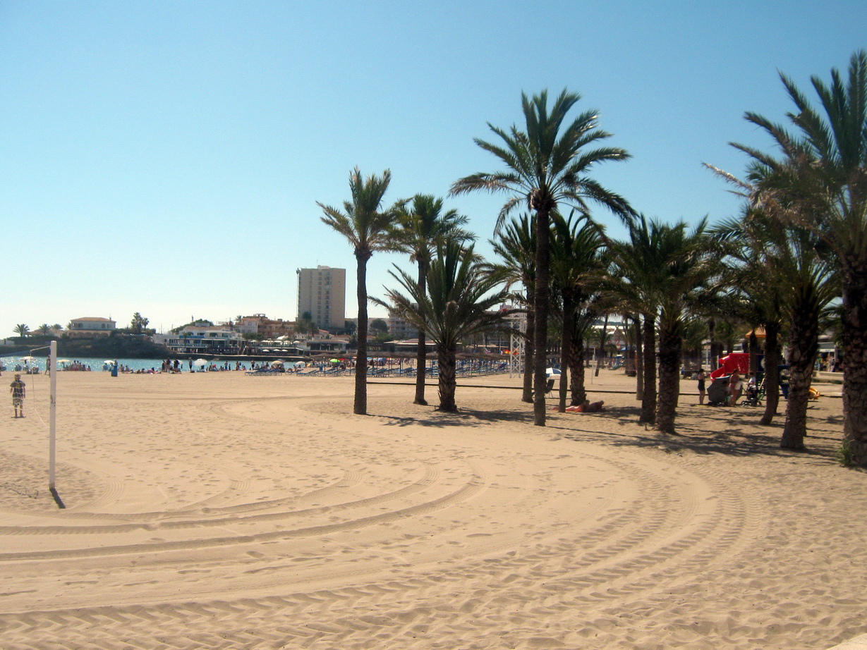 Playa del Arenal in Jávea met zandstrand, palmbomen en boulevard